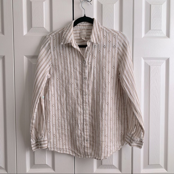 Chico’s Linen Cream White Striped Eyelet Top Shirt - Picture 1 of 7